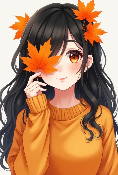 
“A anime-style of a beauty girl with long, wavy black hair and big expressive eyes. She wears an autumn-colored sweater and holds an orange maple leaf over one eye, smiling warmly. Her cheeks are slightly flushed, and she has small details like a piercing...