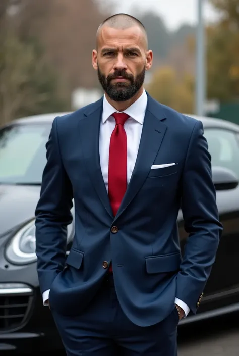 40-year-old man elegant royal trader with navy blue suit white shirt and red tie, next to a black Porsche 911 Carrera , like a corporate businessman with a black beard ,  shaved completely from the head in the style of Jason Statham