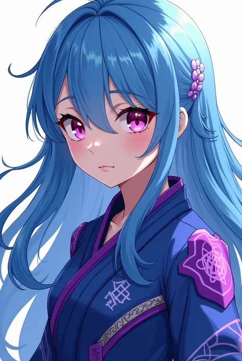 Anime style young ninja girl long blue hair, pink eyes, blue with purple detail ninja outfit