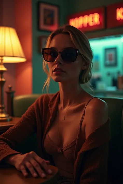 Take a saturated color photo of a
Movie star with
Of
Retro sunglasses and Edward Hopper decor