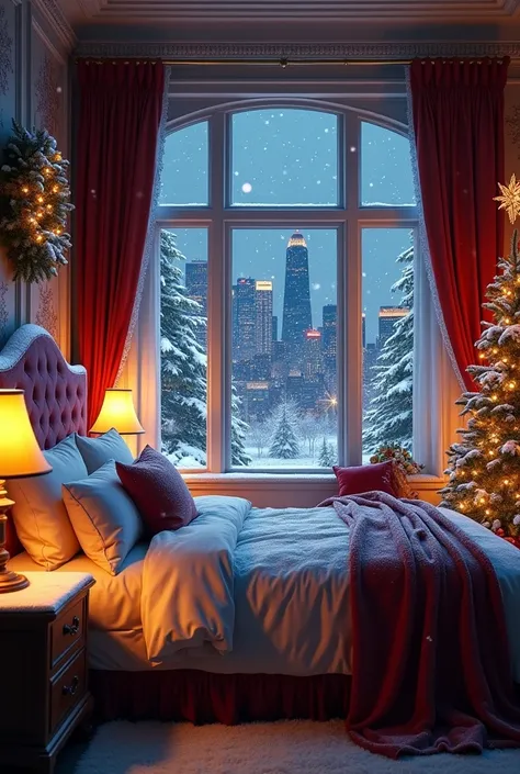 Dreamy Christmas bedroom with a view of the nighttime city in snow without any people