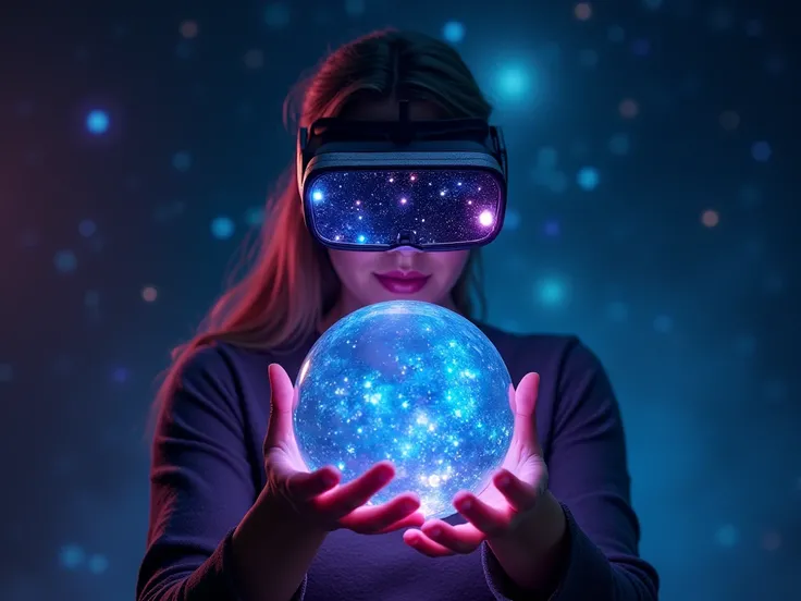 Woman holding a shiny crystal ball with virtual reality glasses with neon lights, in the middle of outer space, with lots of stars in the background. Perfect 3D, cinematic lights, Lost, beautiful, FULL 4K UHD,
