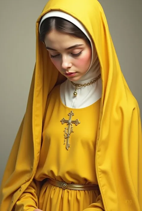 Create an image of the Catholic Saint the Saint Terezinha of the baby Jesus wearing bright yellow clothes 