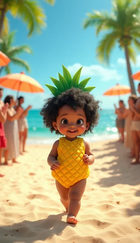 A cheerful scene of a tropical baby parade on a sunny beach. A  baby girl with curly black hair, dressed as a pineapple, smiles as she walks confidently on a sand runway. Her costume includes a bright yellow body suit with green leaves as a crown. The ocea...