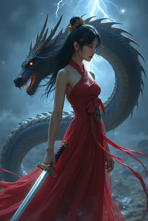 realism of a beautiful young Korean woman with long black hair in a tie.in a bright young huhu dress covered.holding a sword and a dragon on a stormy night with lightning behind her, Anne Stokes, fantasy art, dragon art, the dragon and the person must be c...