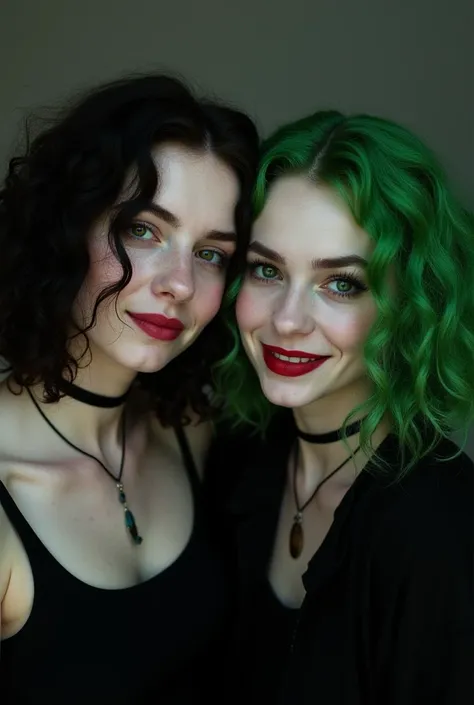 A photo of two young, white women. One of them has shoulder-length curly, dark hair, she has pale, almost white skin. Her right eye is green, her left eye is brown. She wears black eyeliner and a choker. The second woman has green, curly hair, bright green...