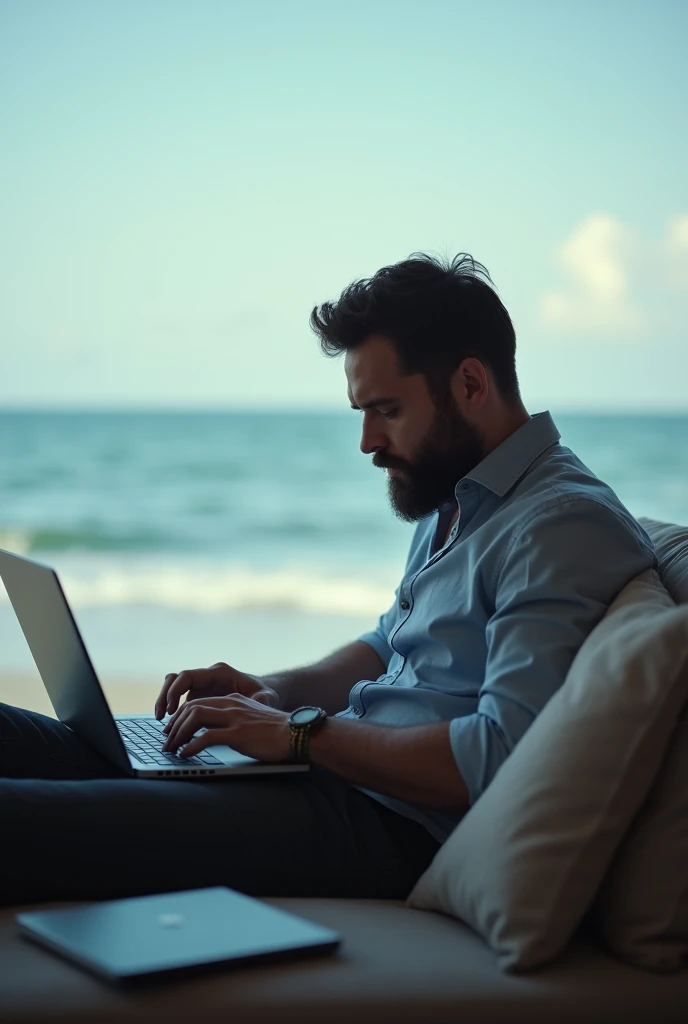 Male trader operating with his laptop on the beach  , fear,   with a closed beard young man with the sea in the background lying on a couch