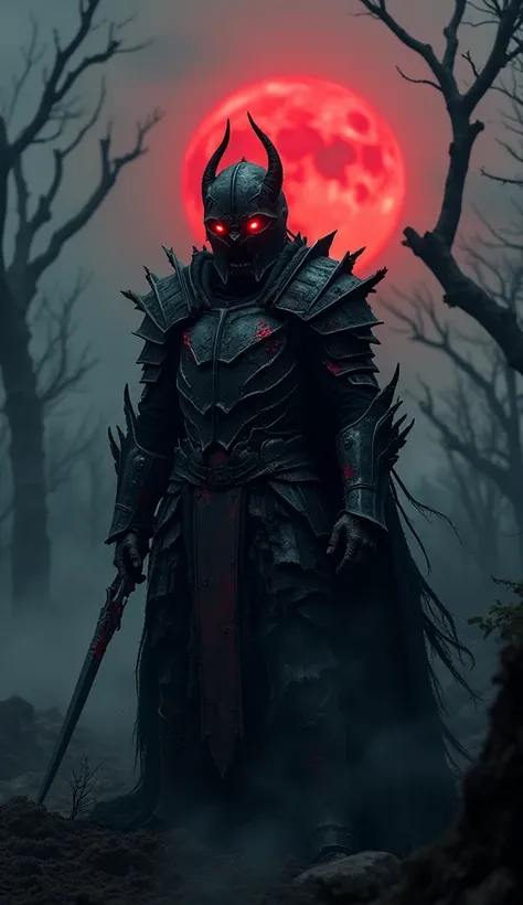  Create a dark and terrifying image of a cursed warrior .  He wears a black and frayed armor ,  covered in cracks shining with an ominous red light .  Your face is hidden under a deformed helmet ,  with glowing eyes that exude an evil energy . In the backg...