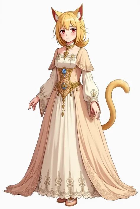 Ithil , daughter of a noble family , She is a kind and warm adult , , she has small cat ears and a pale yellow cat's tail.  Main Dress :

 Soft cream with light pink details .  The design is elegant but not excessively ostentatious ,  suitable for a noblem...