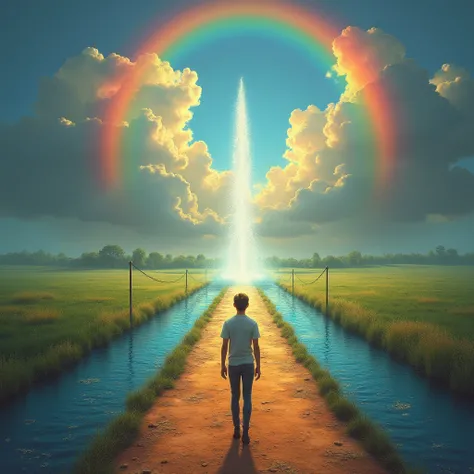  a rainbow .  water fountain in front of him. There were three roads leading to an unknown fate. Each road had a sign written on it: " The first path is :  hope, the second way is :  desires, and the third way is : Sacrifice "