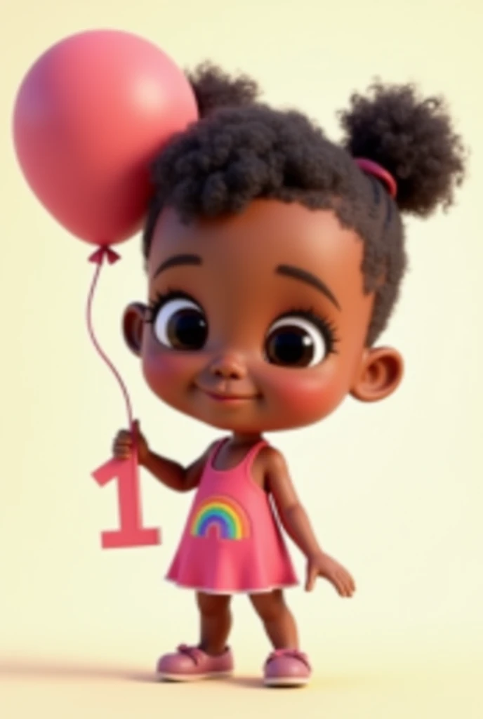  Create a Disney Pixar-style 3D poster of a brown baby, standing,  with black eyes and curly hair , holding the number 1 in one hand ,  holding a balloon with the other hand ,  and wearing a pink dress with a rainbow detail , and a shoe with ties  