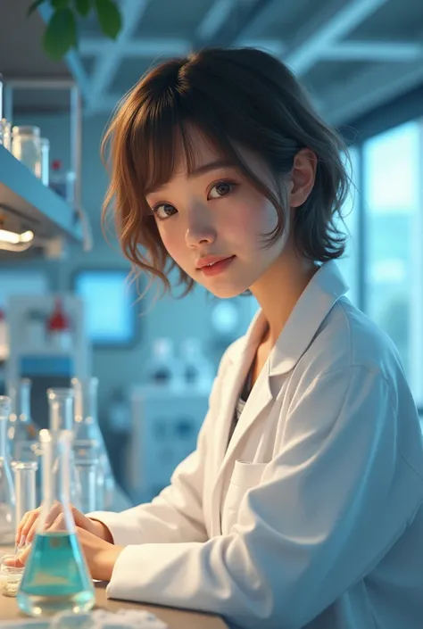 Young girl with short wavy hair, University student in biology laboratory 