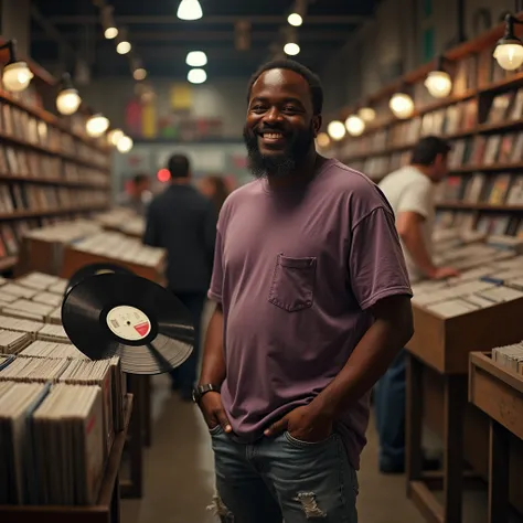 High definition image of a 35-year-old man with a dark skin tone and a happy, grimacing face. He is wearing a simple, oversized dark lilac T-shirt and ripped jeans. Lots of lighting, light and shadow on his clothes. He is looking at a vinyl record LP in a ...