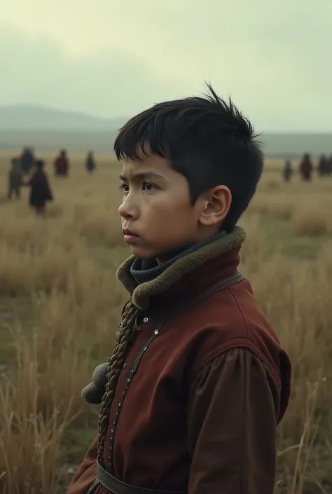 "A dramatic scene of a Mongolian boy , Temüjin ,  watching from afar his father being killed by enemies .  The mood is bleak ,  with a vast field in the background and an atmosphere of violence and betrayal. O jovem Temüjin  tem uma expressão de desespero ...