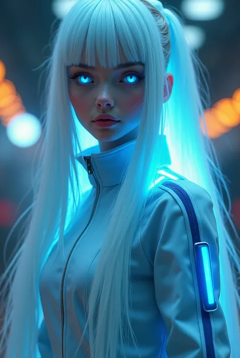  Full-length girl in a futuristic tracksuit with white glowing hair and blue eyes, with bright blue rainbow pupils ,  photorealism ,  Realistic images ,  cinematic image