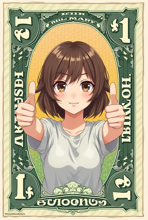 A greenback with a circle in the middle where there is a  girl with brown hair and brown eyes with her thumbs up and down she says R money in beautiful letters and has on all four sides the sign of $1