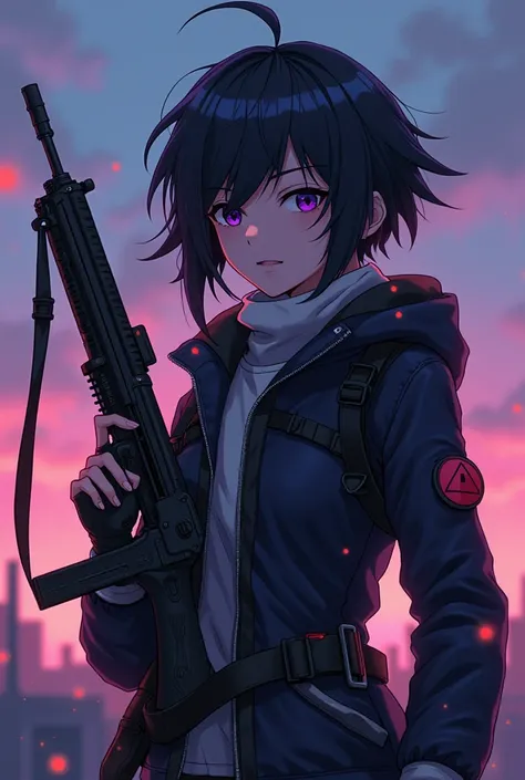  A 16-year-old from the Cyberpunk anime Edgerunners, soldier and assassin outfit ,  messy dark hair ,  purple eyes with a slight sheen , tez blanca, On a slam , Holding a sniper rifle , mirror plane , Final scene