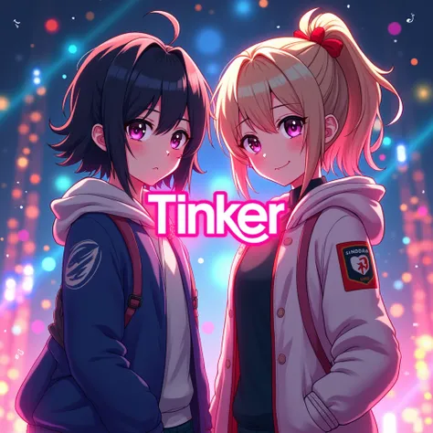  Two anime-style characters ,  standing next to each other in a bright and colorful anime style .  One character with dark hair and a serious expression ,  and the other with bright ,  colored hair and a cheerful smile .  The background should be dynamic a...