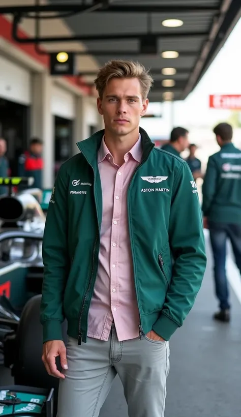 A young, Nordic man stands confidently within a Formula 1 pit box, surrounded by mechanics actively working on a race car. He wears a short, sporty Aston Martin green jacket over a slightly unbuttoned pastel pink shirt, paired with light gray long pants. T...