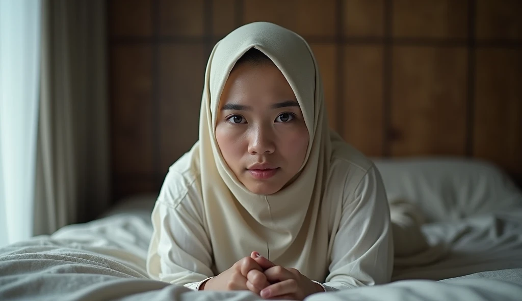 an indonesia woman, wear hijab, WEAR WHITE LINGERIE looking camera, lying body , hissing, on bed, hairy vagina get kissed and huged by two indonesian old guy
