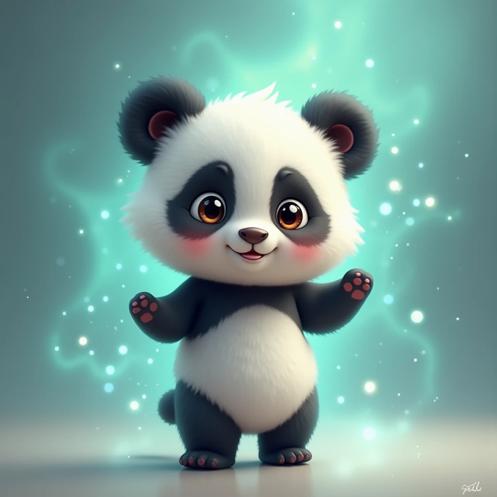 Baby panda bear with brown eyes with an aura between blue and green standing in an adorable way