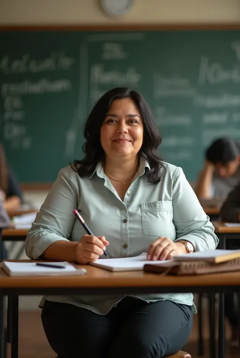 A 40-year-old fat white, black-haired, white-skinned, light-brown eyed Venezuelan teacher