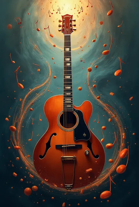 A featured guitar ,  with an abstract background of sound waves and musical notes,  conveying the idea of discovering music by ear .