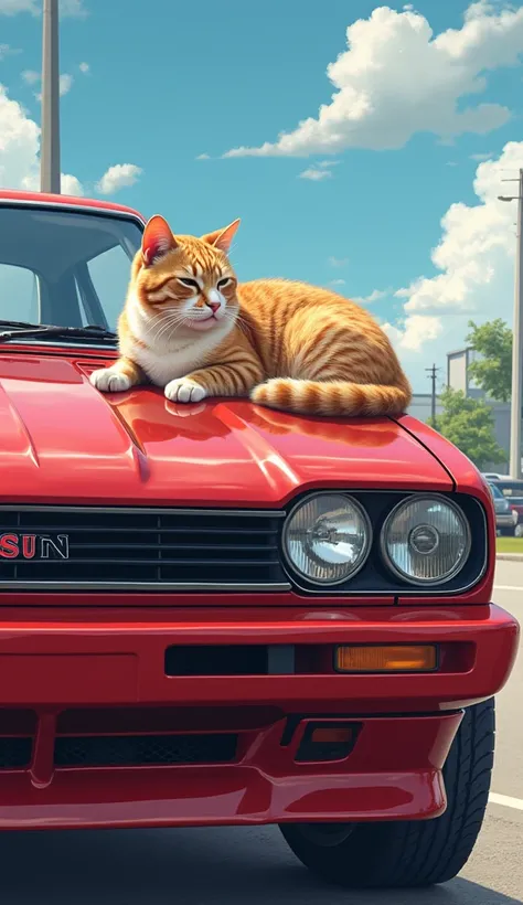 Nissan Skyline 、Hakosuka、parking、Red body、Beautiful cat、Genuine、 sleeping with eyes closed on the hood、Beautiful sky、 Sunny、 glitter effect,  high resolution,  best quality ,  very detailed,  Ultra Fine, 