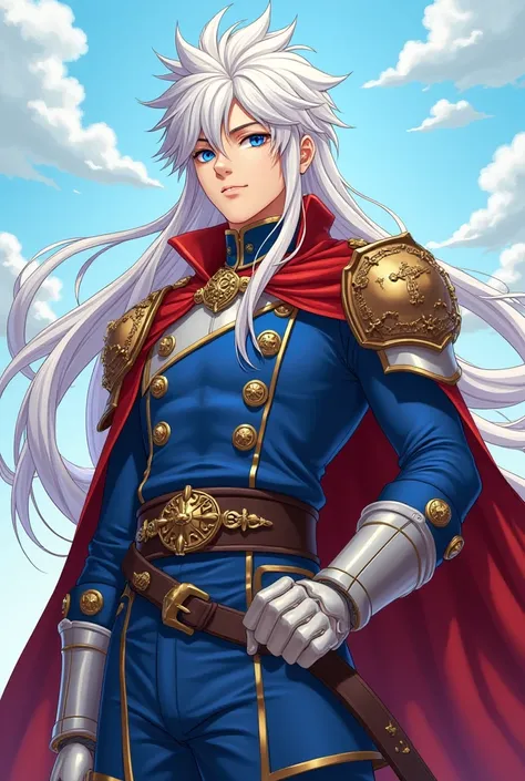 Imagem se 4 guerreiro  anime style Arthur um jovem forte com cabelo branco olhos azuis e muitos músculos e trajes azul e branco Heitor um magoc um chapéu de mago e túnica roxa lu Luan um jovem com tanquinho e loira e Riquel um espadachim. With long pointed...