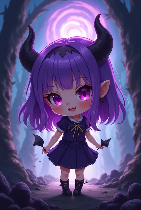 Chibi anime girl with purple shoulder-length hair,  demon style  