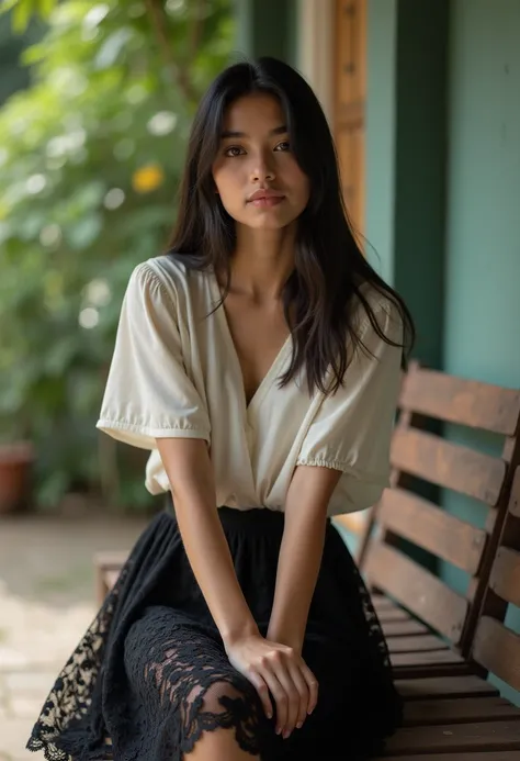 Young Brazilian woman with dark straight hair wearing dark lace skirt and light short sleeve blouse sitting on a wooden bench on the porch 