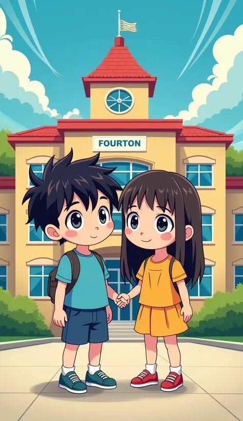 Generate an image of a boy and a girl In front of the school, in anime style but like carton