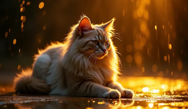 "A majestic cat with long, shiny fur, with golden accents that exude a mystical aura. The cat sits on a lit surface that appears to melt into liquid gold, with golden particles gently floating around it. The background is dark and deep, highlighted by beam...