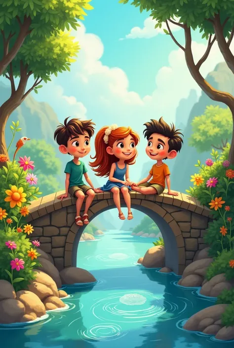 Animated cartoon of a girl and two boys sitting on a bridge 