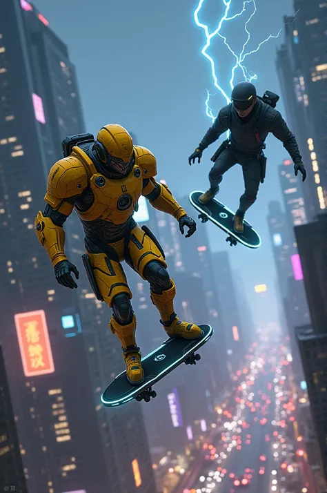  Man in yellow technological armor on top of a flying board, man in black dressed as a ninja on top of a flying board , Flying around the city at night both on the same board