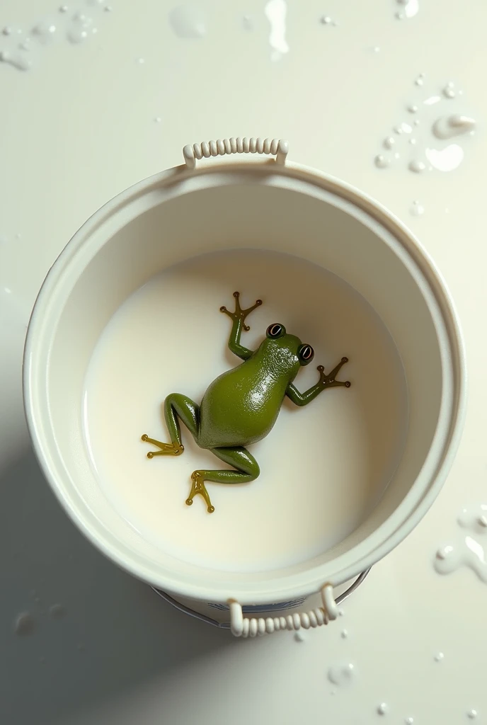 A small frog desperately struggles not to drown inside a milk bucket and get out of it