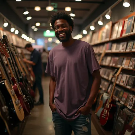 High definition image of a 35-year-old man with a dark skin tone and a happy, grimacing face. He is wearing a simple, oversized dark lilac t-shirt and ripped jeans. Lots of lighting, light and shadow on his clothes. He is looking at an electric guitar in a...