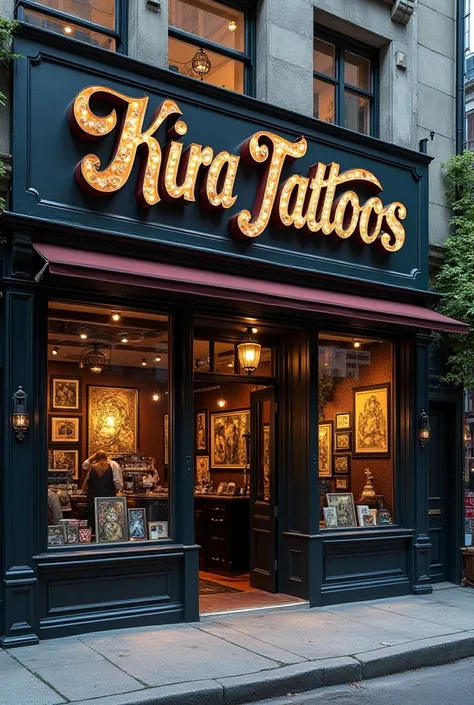 In front of a Tattoos shops and the name "Kira tattos shop" that look beautiful and real, realistic, no people just empty, 