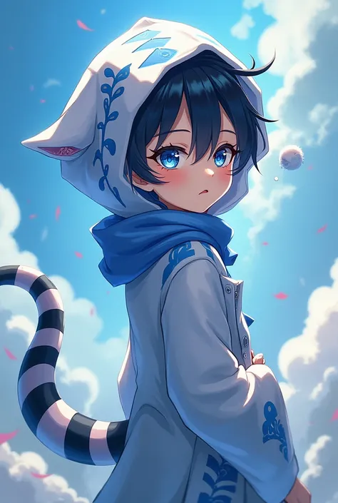 Anime boy with capusi with blue and white stripes with striped and black tail 