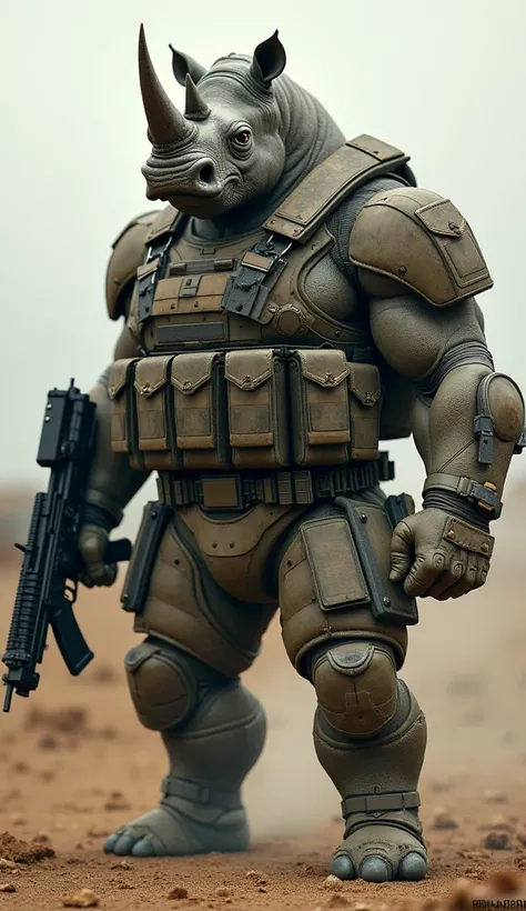 rhinoceros with muscular body, and with military clothing and a gun in hand, rhinoceros skin, humanoid