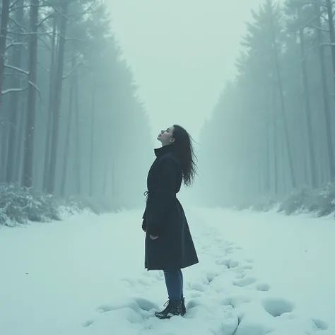  Create me a great cover for an alternative rock album,  entitled  "Feel the Winter Cold ", A woman standing on her back in front of the snow