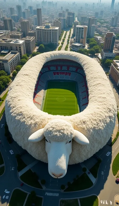 A detailed aerial shot of a football stadium designed as a giant sheep. The stadium's exterior is covered with soft, wool-like textures resembling the fluffy fur of a sheep, with its face integrated at one end. The sheep’s eyes and nose are prominent and l...