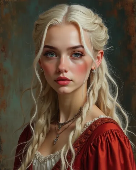 (Expressionist art style: 1.3)(Carl Larsson style painting: 1.3)(Mark Ryden style 1.2) Emilia Clarke as Daenerys Targaryen from the Game of Thrones series, wearing the character's costumes.Background  by game of throne. rendering, 35mm focal length, cast, ...