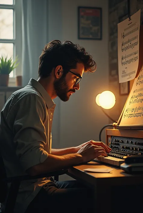 A man studying music in a room, listening attentively to a playback ,  with audio and rhythm symbols surrounding him