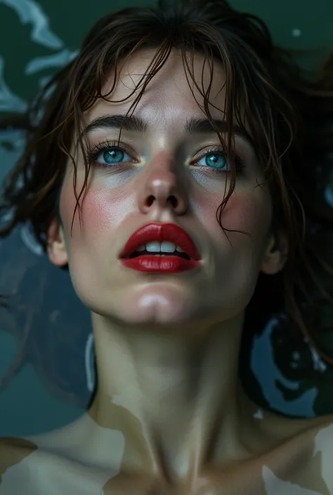 Face of a woman almost drowned on her back with water up to her cheeks of brown hair, half-open red lips and blue eyes with wet hair and face