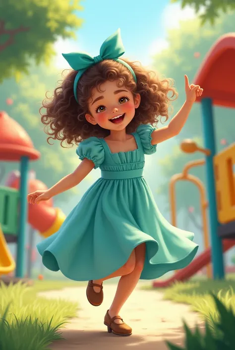 A  girl with curly brown hair dressed in a small teal dress with a teal ribbon at the play area