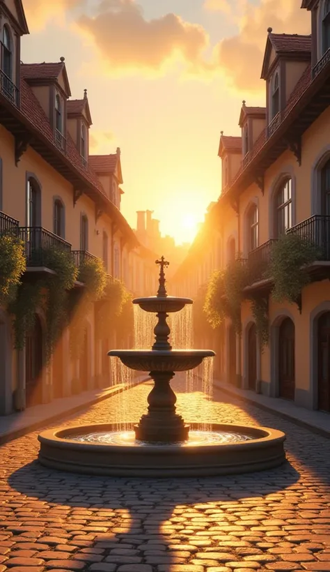 A scene of a seventeenth-century French village square with a fountain in the middle and the sunset rays are visible and the square is empty. I want to make a graphic motion picture