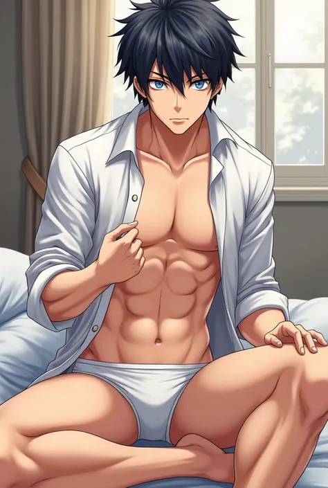 anime guy in underwear sitting on bed with open shirt on, an anime drawing inspired by Okumura Masanobu, trending on pixiv, shin hanga, muscular!!, handsome anime pose, fluffy chest, muscular!, tall anime guy with blue eyes, muscular!!!, anime handsome man...