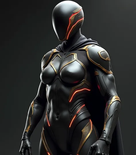 An imposing man, with well-defined muscles, about 2 meters tall.
She wears a black mask that covers the entire upper part of her face, with glowing red lines that seem to pulse as if made of living energy.
Futuristic suit with body-hugging armor, combining...