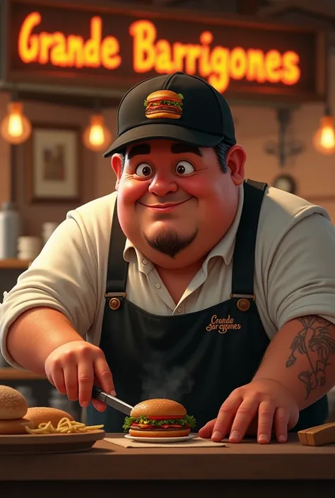 Man with black cap and Burguer print, round face without a beard and fat,  brown eyes , cooking. In the background, a hamburger restaurant called Grande Barrigones in Spanish